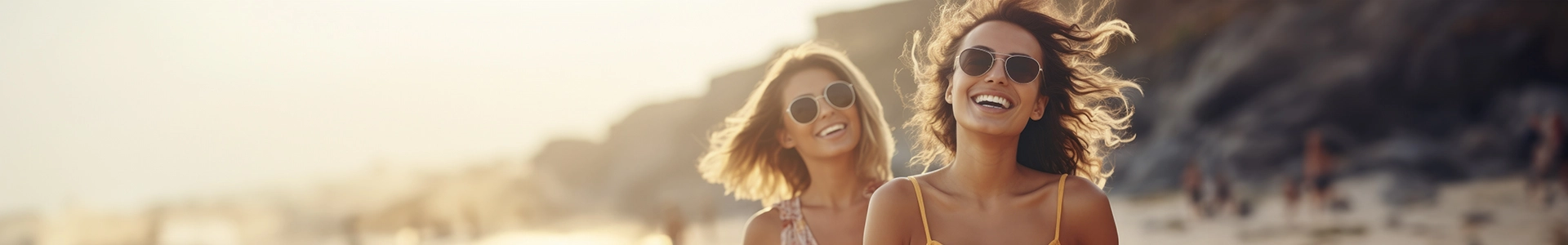 Banner para a categoria de oculos de sol feminino. Foto com duas mulheres na praia de óculos de sol