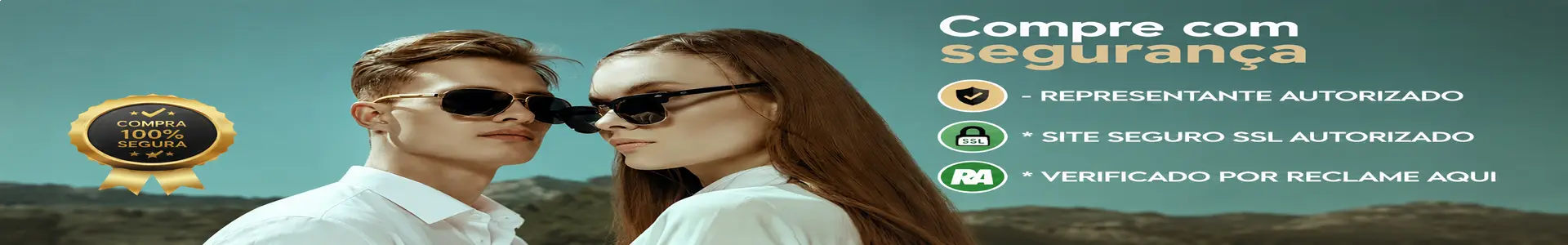 Banner para a categoria de oculos de sol com homem e mulher vestindo oculos de sol