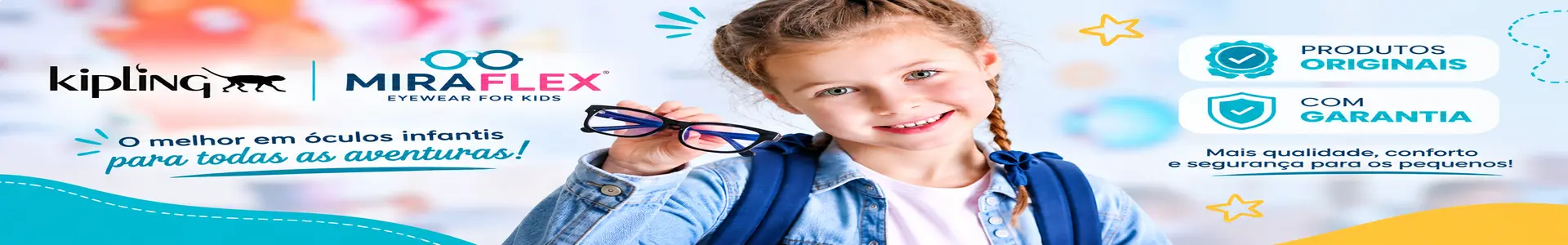 Banner para oculos de graus infantil. Foto de uma criança segurando seus óculos