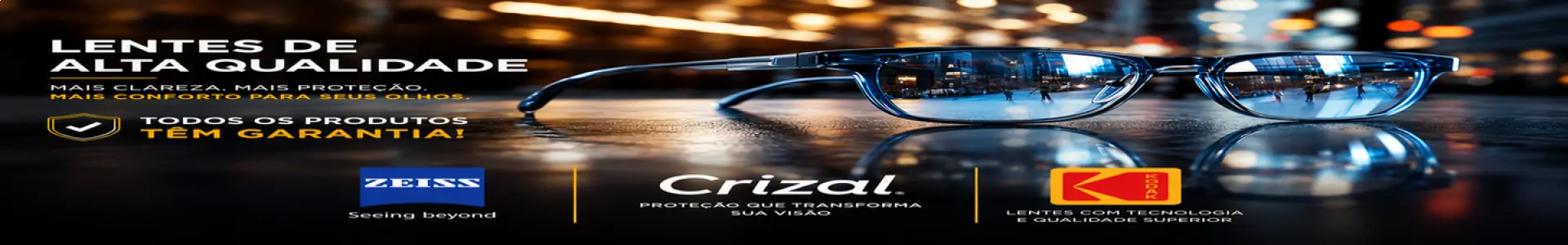 Banner da categoria óculos de grau. Foto de um óculos com o reflexo de uma cidade em sua lente